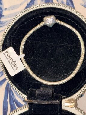 Pandora Silver Heart Clasp Snake Chain Bracelet with Pavé Sparkle BNEW